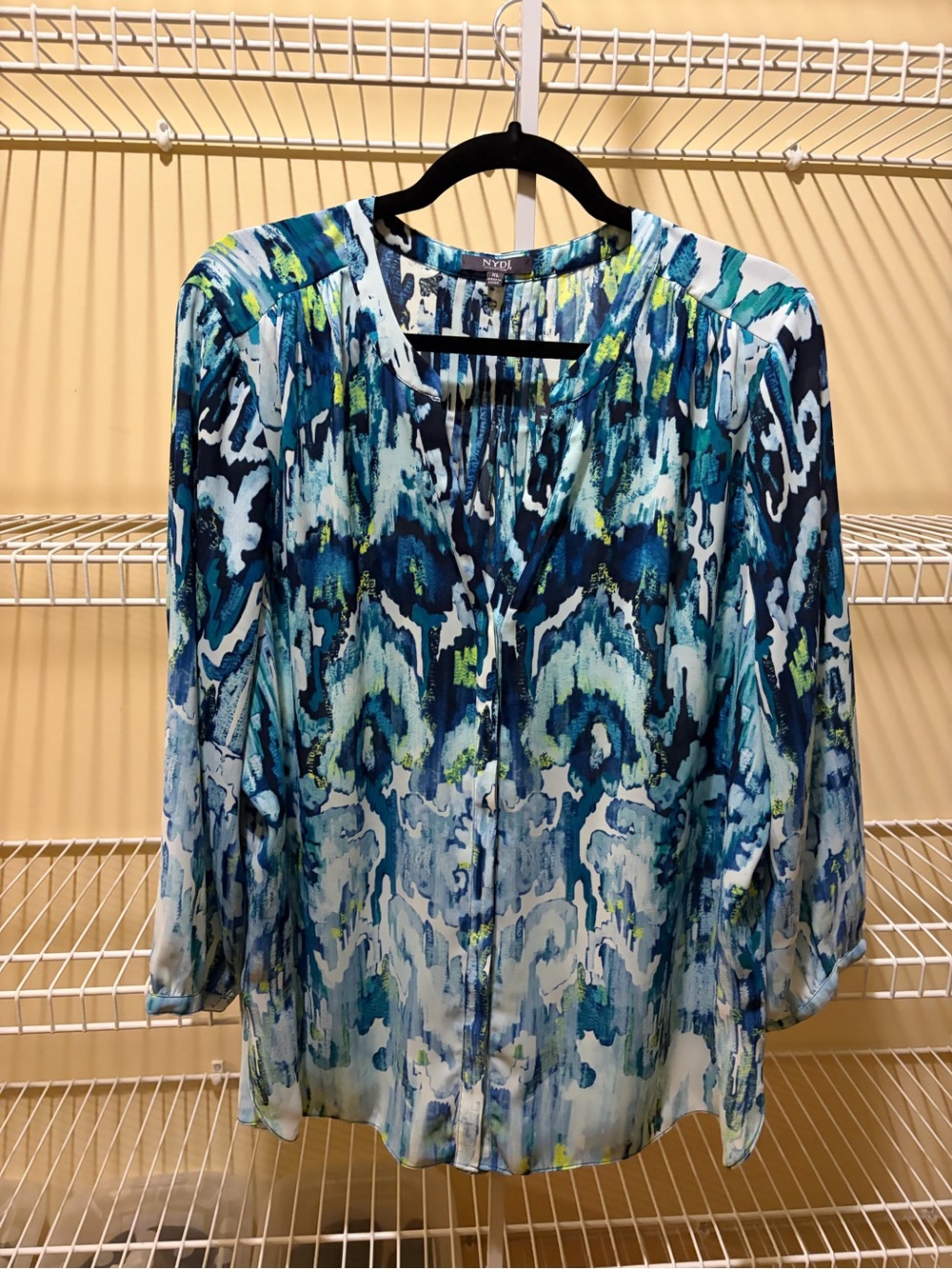 NYDJ Teal and Navy Beachy Abstract V-Neck Blouse